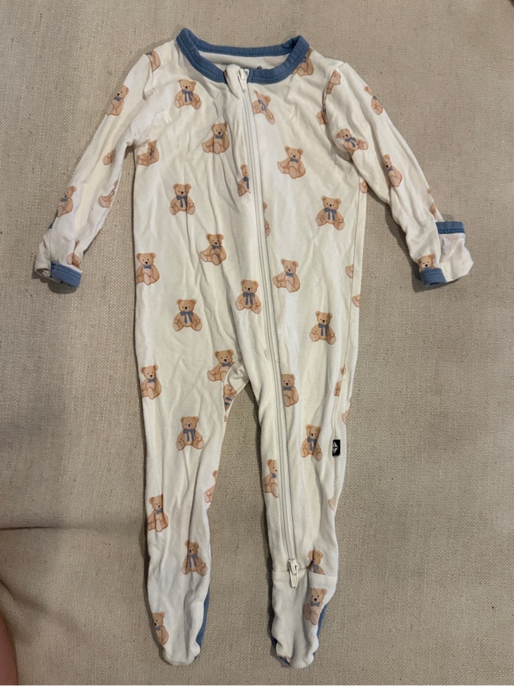Soft Teddy Print Footed One-Piece - Cream with Blue Trim